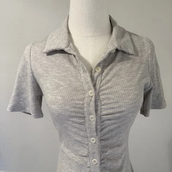 Reformation Lennon Ribbed Ruched Button Front Collared Mini Dress Grey Small - Picture 2 of 8